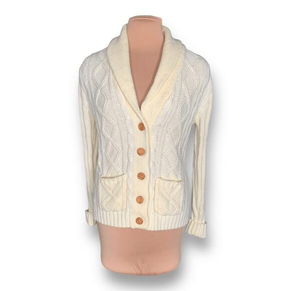 Cream Cable Knit Shawl Collar Cardigan Sweater Wood Buttons Front Pockets Medium - Picture 11 of 11